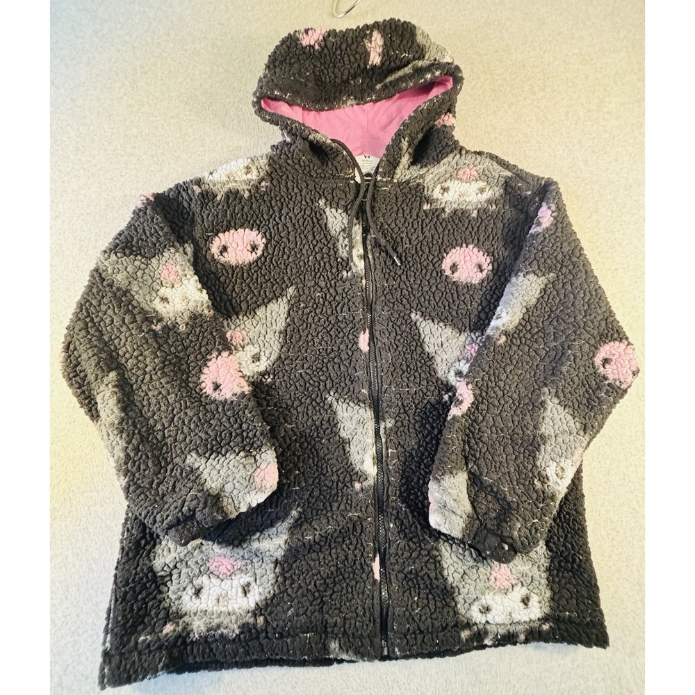 Sanrio Kuromi Sherpa Fleece Full Zip Hoodie Large Black Pink Skull Bioworld
